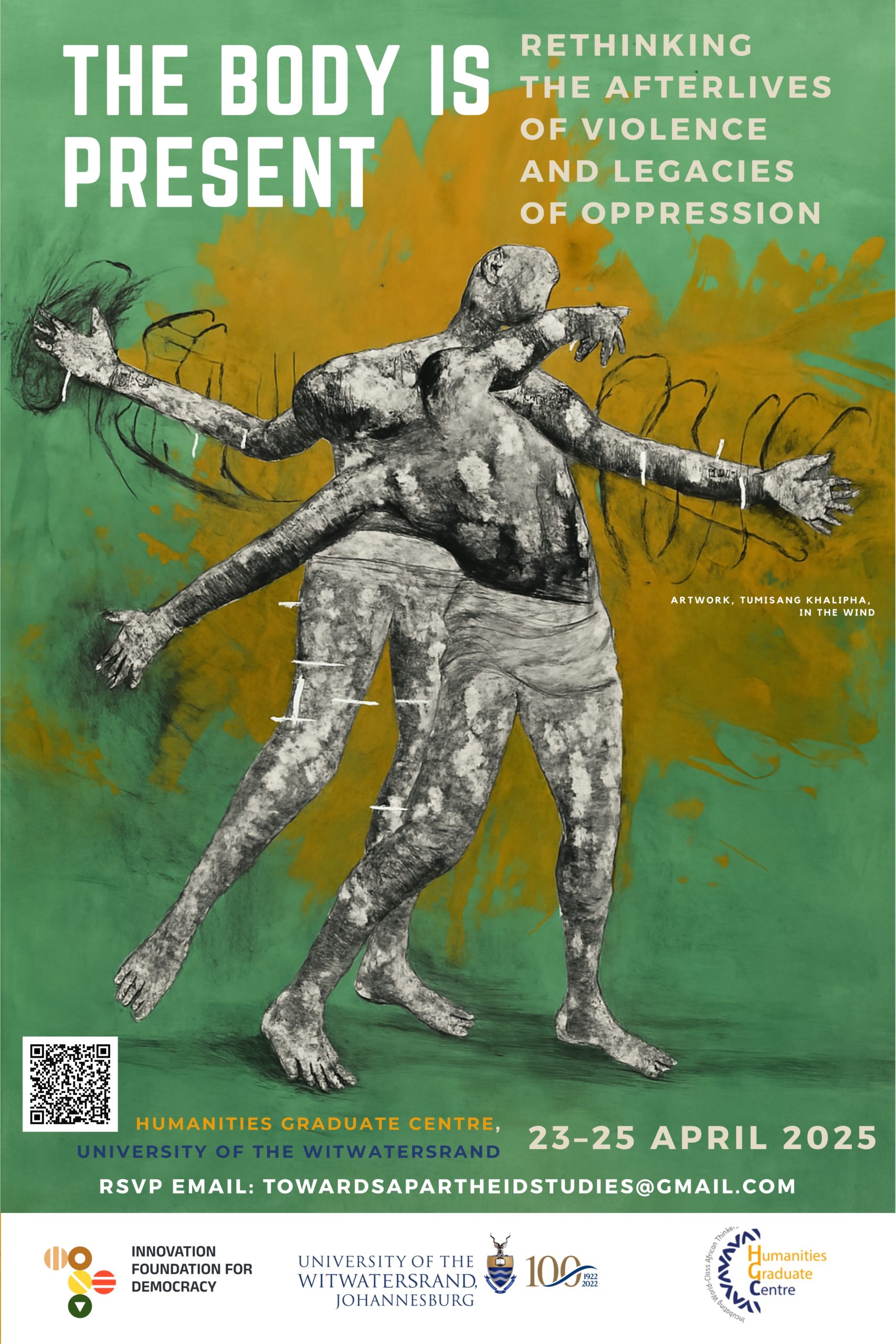 Abstract painting of two human bodies intertwined in black and white on a vibrant green and orange background, representing the themes of violence, body memory and resistance.